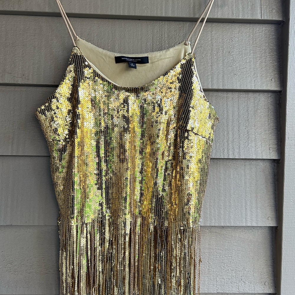 Marc New York Gold Sequin fringe top. Gold glitter fringe hem